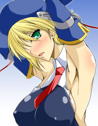 Rule 34 | 1girl, alternate breast size, arc system works, armpits, arms up, beret, blazblue, blonde hair, blush, breasts, detached sleeves, covered erect nipples, female focus, gloves, green eyes, hat, kanten, large breasts, necktie, noel vermillion, short hair, sideboob, solo