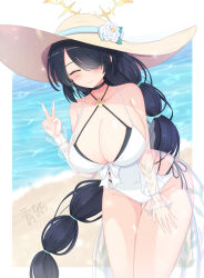 Rule 34 | 1girl, beach, black hair, blue archive, blush, braid, breasts, brown hat, cleavage, closed eyes, closed mouth, collarbone, cowboy shot, groin, hair over one eye, halo, halterneck, hat, highres, hinata (blue archive), hinata (swimsuit) (blue archive), large breasts, long braid, long hair, nao (naobinarydigit), ocean, official alternate costume, one-piece swimsuit, signature, single braid, smile, solo, sun hat, swimsuit, v, very long hair, white one-piece swimsuit, yellow halo