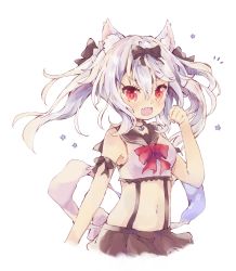 Rule 34 | :3, :d, anchor choker, animal ear fluff, animal ears, arm ribbon, azur lane, back bow, black bow, black ribbon, black sailor collar, black skirt, bow, bowtie, cat ears, clenched hand, commentary, cowboy shot, crop top, fang, groin, hair bow, hand up, highres, long hair, multiple hair bows, narumi midori, navel, notice lines, open mouth, pleated skirt, red bow, red eyes, ribbon, sailor collar, school uniform, serafuku, shirt, skin fang, skirt, smile, solo, star (symbol), suspenders, two side up, white hair, white shirt, yukikaze (azur lane)