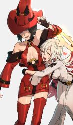 Rule 34 | 2girls, bare shoulders, bell-bottoms, black hair, bodysuit, boots, breasts, choker, cleavage, commentary request, spiked halo, fingerless gloves, gloves, guilty gear, guilty gear xrd, halo, hat, highres, hitsuji kusa, hug, i-no, jack-o&#039; valentine, large breasts, long hair, mole, mole above mouth, multicolored hair, multiple girls, pants, red footwear, red headwear, red leather, short hair, skull belt, smile, thigh boots, too many belts, two-tone hair, white bodysuit, white hair, witch hat, yuri