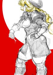 Rule 34 | 1girl, blonde hair, blue eyes, braid, braided ponytail, breasts, dress, fingerless gloves, gloves, hair ornament, hairclip, hand on own hip, hat, hey (bluebell), large breasts, medium breasts, shijou hinako, sketch, snk, the king of fighters, thick thighs, thighhighs, thighs