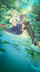 Rule 34 | 1girl, alternate costume, black necktie, book, commentary request, crossed legs, dutch angle, expressionless, finger to mouth, flower, foliage, green eyes, green hair, hair ribbon, hatsune miku, highres, holding, holding book, leaf, light particles, loafers, long hair, nature, necktie, open book, orange flower, plaid, plaid skirt, puffy short sleeves, puffy sleeves, purple flower, qie, red flower, red rose, ribbon, rose, shirt, shoes, short sleeves, signature, sitting, skirt, solo, thighhighs, twintails, very long hair, vocaloid, water, white shirt, zettai ryouiki