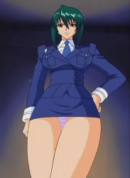 Rule 34 | 00s, 1girl, arm at side, blue necktie, breasts, character request, collared shirt, cowboy shot, dress shirt, facing viewer, gradient background, green hair, hand on own hip, kamyla, large breasts, legs together, long hair, necktie, panties, pantyshot, pink panties, police, police uniform, policewoman, screencap, shirt, simple background, solo, standing, underwear, uniform, white shirt, wing collar