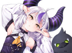Rule 34 | 1girl, ahoge, bare shoulders, crow (la+ darknesss), demon girl, demon horns, detached sleeves, gorillabbit, head tilt, highres, hololive, horns, la+ darknesss, leaning to the side, long hair, long sleeves, looking at viewer, multicolored hair, o-ring, pointy ears, purple hair, silver hair, simple background, solo, streaked hair, striped horns, upper body, virtual youtuber, white background, yellow eyes