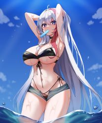 Rule 34 | 1girl, absurdres, ahoge, armpits, arms up, bikini, black bikini, black choker, blue sky, breasts, choker, cleavage, commission, food, food in mouth, grey shorts, highres, large breasts, long hair, looking at viewer, micro shorts, mouth hold, o2h2 oh4, ocean, open fly, original, outdoors, popsicle, purple eyes, shorts, side-tie bikini bottom, sky, solo, standing, string bikini, summer, swimsuit, very long hair, wading, wet, white hair