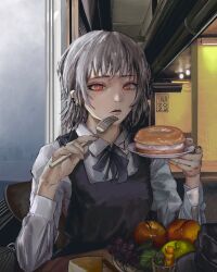 Rule 34 | 1girl, apple, bagel, bagel sandwich, chainsaw man, dated, dress, earrings, elbow rest, fami (chainsaw man), food, fork, fourth east high school uniform, fruit, grapes, grey hair, highres, holding, holding fork, holding plate, jewelry, looking at viewer, mole, mole under eye, mole under mouth, multiple moles, open mouth, orange eyes, pinafore dress, plate, restaurant, ringed eyes, sandwich, school uniform, short hair, sleeveless, sleeveless dress, solo, taorotana, tassel, tassel earrings