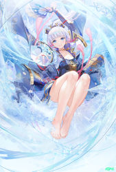 Rule 34 | 1girl, arm up, armor, artist name, atdan, ayaka (genshin impact), bare legs, barefoot, blue eyes, blue hair, blue jacket, blue skirt, blunt bangs, breastplate, choker, closed mouth, feet, floating hair, folding fan, full body, genshin impact, gloves, hair ornament, hair ribbon, hand fan, highres, holding, holding fan, jacket, long hair, looking at viewer, mole, mole under eye, neck tassel, outstretched arm, partially fingerless gloves, pink ribbon, ponytail, ribbon, sidelocks, skirt, smile, snowflake print, snowflakes, solo, tassel, toes, yellow choker