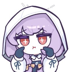 Rule 34 | 1girl, amedrama, atsuko (blue archive), blue archive, braid, chibi, closed mouth, eyebrows hidden by hair, hand on own cheek, hand on own face, hood, puffy cheeks, purple hair, simple background, solo, symbol-shaped pupils, twin braids, upper body, white background