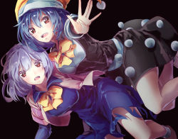Rule 34 | 2girls, absurdres, black background, black dress, blue hair, blush, bow, bowtie, breasts, brown footwear, commentary request, doremy sweet, dress, feet out of frame, hair between eyes, hat, highres, jacket, kishin sagume, long sleeves, looking at viewer, medium breasts, multiple girls, open mouth, pink jacket, pom pom (clothes), red eyes, santa hat, shoes, shometsu-kei no teruru, short dress, short hair, short sleeves, silver hair, simple background, socks, thighs, touhou, white legwear, yellow bow, yellow neckwear