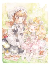 Rule 34 | 2girls, \||/, ^ ^, animal ears, apple, apron, black dress, blonde hair, blush, bobby socks, bottle, bow, brown eyes, brown hair, checkerboard cookie, closed eyes, commentary request, cookie, cup, cupcake, day, dress, flower, food, frills, fruit, hair bow, hair ribbon, hand to own mouth, hat, head wreath, juliet sleeves, long hair, long sleeves, looking at another, maid, maid apron, mob cap, mokarooru, multiple girls, neck ribbon, original, outdoors, painting (medium), picnic, picnic basket, pink bow, pink dress, pink neckwear, puffy sleeves, rabbit ears, ribbon, short hair, signature, sitting, socks, teacup, teapot, traditional media, twintails, watercolor (medium), white apron, white flower, white legwear, white ribbon