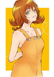 Rule 34 | 1girl, breasts, brown hair, dress, final fantasy, final fantasy viii, flipped hair, green eyes, heart, highres, jewelry, miyopippi, necklace, seashell, selphie tilmitt, shell, short hair, smile, solo, yellow overalls