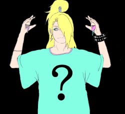 Rule 34 | 1boy, ?, akatsuki (naruto), black background, blonde hair, blue eyes, clenched teeth, deidara (naruto), hair over one eye, long hair, male focus, mouths, naruto (series), naruto shippuuden, simple background, smile, solo, teeth, tongue, tongue out, zeezzzzy