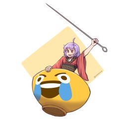 Rule 34 | 1girl, :d, ahoge, arm up, artist name, black sash, blush, bowl, commentary, emoji, english commentary, highres, holding, japanese clothes, kimono, long sleeves, looking at viewer, mata (matasoup), meme, needle sword, no headwear, obi, open mouth, purple hair, red eyes, red kimono, sash, short hair, smile, solo, sukuna shinmyoumaru, touhou, twitter username, upper body, v-shaped eyebrows, wide sleeves
