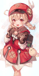 Rule 34 | 1girl, :d, ahoge, backpack, bag, bag charm, blonde hair, blush, brown gloves, cabbie hat, charm (object), dodoco (genshin impact), dress, duplicate, feathers, genshin impact, gloves, hands up, hat, hat feather, highres, holding strap, klee (genshin impact), long hair, long sleeves, looking at viewer, low twintails, open mouth, pointy ears, red dress, red eyes, red hat, smile, solo, teeth, ttosom, twintails, upper teeth only