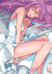 Rule 34 | 1boy, artist name, between legs, brooch, dress, earrings, eyelashes, eyeshadow, feet out of frame, from above, gem, hair spread out, hand between legs, high heels, highres, jewelry, koibuchi kuranosuke, kuragehime, legs, lipstick, long hair, looking at viewer, lying, makeup, male focus, necklace, nekomimipunks, on bed, on side, parted lips, purple eyes, shoes, signature, sleeveless, sleeveless dress, smile, solo, star (symbol), star earrings, strappy heels, trap, unworn shoe, unworn shoes, very long hair, white dress