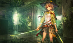 Rule 34 | 1girl, belt, boots, brown eyes, brown hair, dress shirt, dual wielding, hat, holding, indoors, jacket, katana, knee boots, lm7 (op-center), long hair, looking at viewer, original, overgrown, peace symbol, plant, pleated skirt, ribbon, scenery, school uniform, shirt, skirt, sleeves pushed up, smile, smiley face, soldier, solo, sword, weapon
