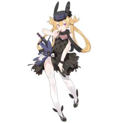 Rule 34 | 1girl, bare shoulders, black dress, black footwear, black hat, black scarf, blonde hair, blush, candy, chinese text, dress, food, full body, garter straps, girls&#039; frontline, gun, hair between eyes, hair ornament, hat, lollipop, long hair, looking at viewer, official alternate costume, official art, pandegg, scarf, shoes, sleeveless, sleeveless dress, solo, sr-3mp (bunny macchiato) (girls&#039; frontline), sr-3mp (girls&#039; frontline), stuffed animal, stuffed rabbit, stuffed toy, submachine gun, thighhighs, tongue, tongue out, transparent background, twintails, very long hair, weapon, white thighhighs
