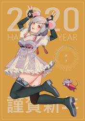 Rule 34 | 1girl, 2020, animal ears, ass, braid, breasts, chinese zodiac, choker, cleavage, double v, dress, elbow gloves, fingerless gloves, frilled dress, frills, gloves, grey dress, grey hair, hair ornament, hairclip, happy new year, highres, medium breasts, microdress, mouse (animal), mouse ears, mouse girl, mouse tail, new year, noriuma, original, quad braids, red eyes, solo, tail, thighhighs, tongue, tongue out, translation request, v, year of the rat, zettai ryouiki