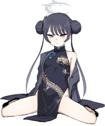 Rule 34 | 1girl, black dress, black gloves, black hair, blue archive, blush, breasts, butterfly hair ornament, china dress, chinese clothes, coat, double bun, dragon print, dress, gloves, grey eyes, hair bun, hair ornament, halo, jacket, kisaki (blue archive), kumadano, long hair, looking at viewer, pelvic curtain, pinstripe jacket, pinstripe pattern, shoes, simple background, single bare shoulder, sleeveless, small breasts, solo, spread legs, striped clothes, striped coat, striped jacket, twintails, vertical-striped clothes, vertical-striped jacket