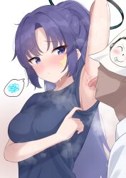 Rule 34 | 1boy, 1girl, doodle sensei (blue archive), black shirt, blue archive, blush, closed mouth, facial mark, halo, helloet11, highres, licking, licking armpit, long hair, mechanical halo, official alternate costume, purple eyes, purple hair, sensei (blue archive), shirt, short sleeves, spoken squiggle, squiggle, star (symbol), tongue, tongue out, yuuka (blue archive), yuuka (track) (blue archive)