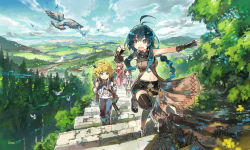 Rule 34 | 2boys, 2girls, backpack, bag, bird, black eyes, black hair, blonde hair, blue eyes, blue hair, blurry, braid, capelet, city, cloud, depth of field, closed eyes, fang, fantasy, fingerless gloves, gloves, highres, hill, horizon, konno takashi, landscape, long hair, looking back, looking up, midriff, multiple boys, multiple girls, navel, ocean, open mouth, original, outdoors, red hair, river, scabbard, scenery, sheath, short hair, shorts, sidelocks, signature, single braid, sky, smile, spiked hair, stairs, standing, standing on one leg, sword, thighhighs, tree, walking, weapon, weapon on back