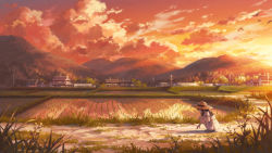 Rule 34 | 1girl, bird, brown hair, building, child, closed eyes, cloud, commentary request, dress, evening, grass, gurafuru, hat, house, long hair, mountain, rice paddy, rural, scenery, short sleeves, solo, squatting, summer, sun hat, sunset, utility pole, white dress, wide shot