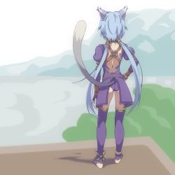 Rule 34 | 1girl, animal ears, ass, blue hair, cat ears, cat tail, feet, fingerless gloves, from behind, full body, gloves, highres, kaien advance, long hair, low twintails, meracle chamlotte, panties, solo, star ocean, star ocean the last hope, tail, thighhighs, twintails, underwear