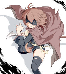 Rule 34 | 1girl, bandages, bandages over eyes, blind, blindfold, breasts, brown hair, cane, cape, female focus, fighting stance, funnyari, holding, holding cane, lestea (sequel), sarashi, scar, sequel (series), sequel colony, shadow, short hair, simple background, solo, thighhighs, white background