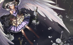 Rule 34 | 1girl, alphonse (white datura), angel wings, bad id, bad pixiv id, barefoot, breasts, choker, dress, elbow gloves, erendis, eternita, closed eyes, flower, gloves, hair ribbon, highres, lolita fashion, ribbon, silver hair, small breasts, soaking feet, solo, submerged, sword, twintails, wallpaper, water, weapon, wings