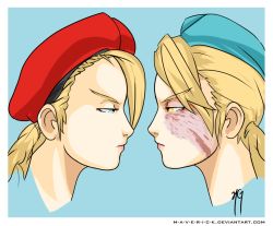 Rule 34 | 2girls, bad id, bad tumblr id, beret, blonde hair, blue eyes, braid, cammy white, capcom, commentary, decapre, eye contact, face, faceoff, from side, garrison cap, hat, jitome, long hair, looking at another, m-a-v-e-r-i-c-k, multiple girls, no mask, nose, signature, street fighter, street fighter iv (series), twin braids, watermark, web address, yellow eyes