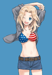 Rule 34 | 1girl, ;d, american flag, american flag bikini, american flag bikini top, american flag print, arms behind head, arms up, belt, bikini, bikini top only, bikini under clothes, black belt, blonde hair, blue background, blue eyes, blue shorts, collared shirt, commentary, cowboy shot, flag print, girls und panzer, grey shirt, hair intakes, kay (girls und panzer), long hair, looking at viewer, midriff, mutsu (layergreen), navel, one eye closed, open mouth, print bikini, shirt, short shorts, shorts, simple background, sleeves rolled up, smile, solo, standing, swimsuit, wind