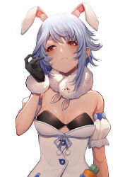 Rule 34 | 1girl, alternate hairstyle, animal ear fluff, animal ears, bare shoulders, blue hair, breasts, don-chan (usada pekora), gloves, highres, hololive, looking at viewer, medium breasts, mikan (chipstar182), rabbit ears, rabbit girl, red eyes, short hair, solo, thick eyebrows, usada pekora, usada pekora (1st costume), virtual youtuber