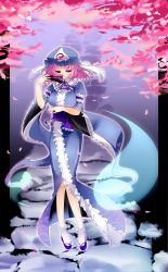 Rule 34 | 1girl, breasts squeezed together, breasts, cherry blossoms, dress, female focus, hat, highres, hitodama, initial f, large breasts, petals, pink eyes, pink hair, saigyouji yuyuko, sash, smile, solo, touhou, triangular headpiece, wide sleeves