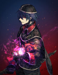 Rule 34 | 1boy, black gloves, black hat, black jacket, blue hair, chrono cross, commentary request, cowboy shot, dark serge (chrono cross), dated, gloves, grin, hair between eyes, hat, holding, holding staff, jacket, long sleeves, looking at viewer, magic, male focus, red eyes, short hair, signature, skull, smile, solo, staff, tokio (okt0w0)