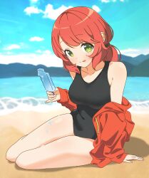 Rule 34 | 1girl, bare shoulders, beach, black one-piece swimsuit, blue sky, breasts, closed mouth, cloud, collarbone, covered navel, day, drawstring, film grain, food, food bite, green eyes, highres, holding food, holding popsicle, jacket, maplestory, medium breasts, melting, mountainous horizon, one-piece swimsuit, open clothes, open jacket, outdoors, oz (maplestory), popsicle, red hair, red jacket, shadow, short hair, sitting, sky, smile, solo, swept bangs, swimsuit, thighs, tongue, tongue out, tuyuri, water, yokozuwari