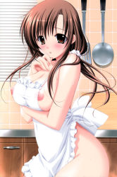 Rule 34 | 1girl, absurdres, apron, ashizawa sumire, atelier kaguya, blush, breast hold, breasts, brown hair, choco chip, cleavage, covered erect nipples, embarrassed, fingernails, highres, kitchen, ladle, large breasts, long fingernails, long hair, nail, naked apron, nipple slip, nipples, open mouth, ponytail, red eyes, scan, school project, see-through, shirt, side ponytail, solo, spatula, standing, sweat, taut clothes, taut shirt