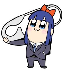 Rule 34 | 1girl, bkub, black footwear, blue eyes, blue hair, blue necktie, blue suit, blush, bow, carrying over shoulder, collared shirt, commentary, formal, hair bow, hand in pocket, holding, light blush, long hair, necktie, oversized object, parody, pipimi, poptepipic, red bow, safety pin, shirt, shoes, sidelocks, simple background, solo, striped necktie, striped neckwear, suit, white background, white shirt, wing collar