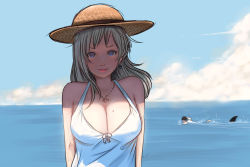 Rule 34 | 1boy, 1girl, animal, arms at sides, bare arms, bare shoulders, blue sky, breasts, cleavage, closed mouth, cloud, cloudy sky, collarbone, day, dress, earrings, grey hair, hat, highres, jewelry, large breasts, long hair, looking at viewer, mawa setiawan, mole, mole on breast, necklace, ocean, original, outdoors, pink lips, shark, sky, sleeveless, sleeveless dress, smile, straw hat, sun hat, sundress, swimming, upper body, water, white dress