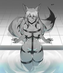 Rule 34 | 1girl, absurdres, animal ear fluff, animal ears, barefoot, breasts, collarbone, commentary, cowboy shot, fishnets, fox ears, fox girl, fox tail, gluteal fold, greyscale, highres, less, long hair, looking at viewer, medium breasts, monochrome, multicolored hair, original, partially submerged, pasties, pool, revealing clothes, smile, solo, tail, thigh gap, tile floor, tiles, water