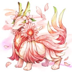 Rule 34 | braid, expressionless, flower, full body, half-closed eyes, horns, leaf, looking away, looking down, monster, multiple tails, no humans, original, petals, pink eyes, pink flower, solo, standing, sumimoto ryuu, tail, white background, wind