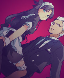 Rule 34 | 1boy, 1girl, :o, archer (fate), black hair, blue eyes, dutch angle, fate/stay night, fate (series), formal, frills, hair ribbon, bridal garter, crossed legs, looking at viewer, maid, monocle, official alternate costume, ribbon, sitting, sitting on lap, sitting on person, straddling, suga (suga suga), suit, thighhighs, tohsaka rin, two side up, white hair, zettai ryouiki
