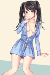 Rule 34 | 1girl, :o, areola slip, arm support, black hair, blue bow, blue dress, bow, breasts, collarbone, drawstring, dress, eyebrows, finger to mouth, fingernails, full-length zipper, hair bow, hair intakes, hair over shoulder, highres, invisible chair, long fingernails, long hair, long sleeves, looking at viewer, medium breasts, n.g., no bra, open clothes, original, partially unzipped, purple eyes, sitting, solo, twintails, two-tone background, zipper