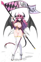 Rule 34 | 1girl, banner, blue eyes, blush, breasts, demon girl, demon tail, demon wings, eyewear on head, female focus, gradient eyes, heart, heart-shaped pupils, highres, horns, large breasts, lilith (soccer spirits), long hair, looking at viewer, multicolored eyes, non-web source, pink hair, sketch, smile, snowball22, soccer spirits, solo, sunglasses, symbol-shaped pupils, tail, thighhighs, unfinished, white thighhighs, wings
