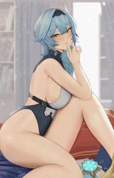 Rule 34 | 1girl, asymmetrical hair, bad id, bad pixiv id, bare legs, blue hair, blurry, blurry background, bookshelf, breasts, detached collar, eula (genshin impact), finger to mouth, from side, genshin impact, hairband, highres, large breasts, leotard, light blue hair, looking at viewer, nvl, partially undressed, saliva, solo, sweat, thighs, twitter username, vision (genshin impact), window, yellow eyes