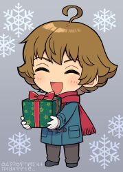 Rule 34 | :d, ace attorney, ace attorney investigations, ace attorney investigations 2, ahoge, alternate costume, blue coat, blush, box, brown hair, chibi, closed eyes, coat, flipped hair, full body, gift, gift box, gloves, grey pants, highres, holding, holding gift, ichiyanagi yumihiko, long sleeves, male focus, numae kaeru, open mouth, pants, red scarf, scarf, short hair, smile, snowflake background, solo, winter clothes