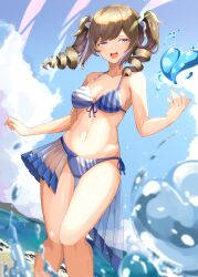 Rule 34 | 1girl, absurdres, alternate costume, barbara (genshin impact), bare arms, bare shoulders, bikini, blue bikini, blue eyes, breasts, brown hair, drill hair, ekusera, front-tie bikini top, front-tie top, genshin impact, hair ornament, halterneck, heart, highres, long hair, looking at viewer, medium breasts, navel, open mouth, see-through, side-tie bikini bottom, smile, solo, standing, stomach, string bikini, striped bikini, striped clothes, swimsuit, thigh gap, thighs, twin drills, twintails, water