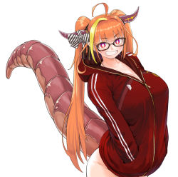 1girl, ahoge, bangs, black-framed eyewear, black ribbon, blonde hair, bow, breasts, bright pupils, cleavage, collarbone, commentary request, cowboy shot, diagonal-striped bow, dragon girl, dragon horns, dragon tail, eyebrows visible through hair, glasses, grin, hair intakes, hair ribbon, hands in pockets, highlights, hololive, hood, hood down, hooded track jacket, horn bow, horns, jacket, kiryu coco, large breasts, logo, long hair, long sleeves, looking at viewer, multicolored, multicolored eyes, multicolored hair, no pants, nujima, official alternate costume, orange hair, pointy ears, purple eyes, red eyes, red jacket, ribbon, scales, sidelocks, simple background, smile, solo, standing, streaked hair, striped, striped bow, tail, teeth, track jacket, twintails, very long hair, virtual youtuber, white background, white pupils, zipper, zipper pull tab