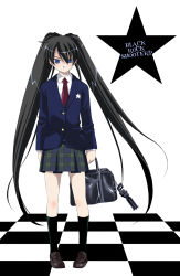 Rule 34 | 10s, 1girl, alternate costume, arm cannon, bad id, bad pixiv id, black hair, black rock shooter, black rock shooter (character), black socks, blazer, blue eyes, checkered floor, floor, highres, inui sekihiko, jacket, charm (object), legs, loafers, long hair, necktie, perspective, school uniform, shoes, skirt, socks, solo, star (symbol), staring, twintails, weapon