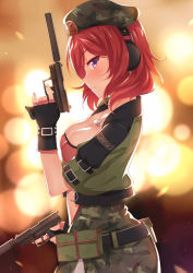Rule 34 | 10s, 1girl, alternate costume, bag, belt, belt pouch, beret, black gloves, blurry, blush, bokeh, breasts, camouflage, cleavage, cropped jacket, depth of field, dog tags, dual wielding, eyebrows, fingerless gloves, fingernails, from side, glint, gloves, gun, handgun, hat, headphones, holding, holding gun, holding weapon, jacket, jewelry, lens flare, looking at viewer, love live!, love live! school idol festival, love live! school idol project, military, military uniform, mmrailgun, nishikino maki, parted lips, pistol, pouch, profile, purple eyes, red hair, ring, short sleeves, skindentation, solo, star (symbol), suppressor, swept bangs, trigger discipline, uniform, upper body, weapon
