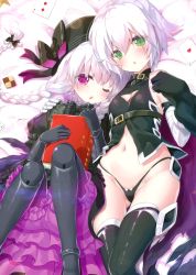 Rule 34 | 2girls, :o, ;o, absurdres, bandaged arm, bandages, beret, black legwear, black panties, bloomers, blush, book, bow, braid, card, checkerboard cookie, cleavage cutout, clothing cutout, cookie, doll joints, fate/apocrypha, fate/extra, fate/grand order, fate (series), food, gluteal fold, green eyes, hat, hat bow, highres, jack the ripper (fate/apocrypha), joints, long hair, multiple girls, navel, nursery rhyme (fate), one eye closed, open mouth, panties, purple eyes, scar, scar across eye, scar on face, short hair, thighhighs, thong, underwear, white hair, yano mitsuki (nanairo)